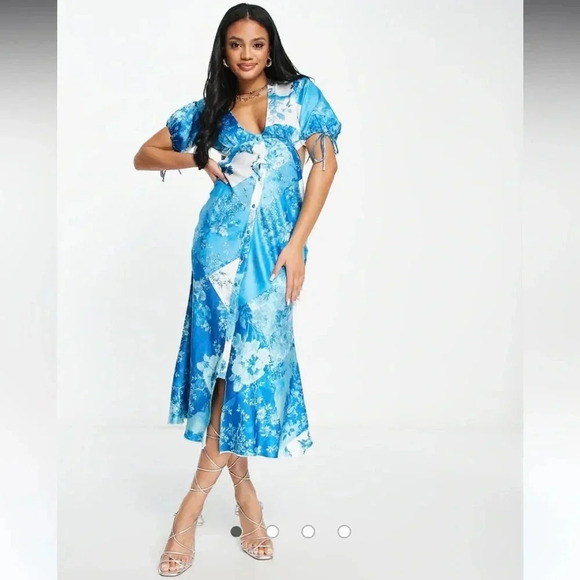ASOS DESIGN satin midi dress button spring boho cutout in patchwork blue floral - Picture 3 of 8
